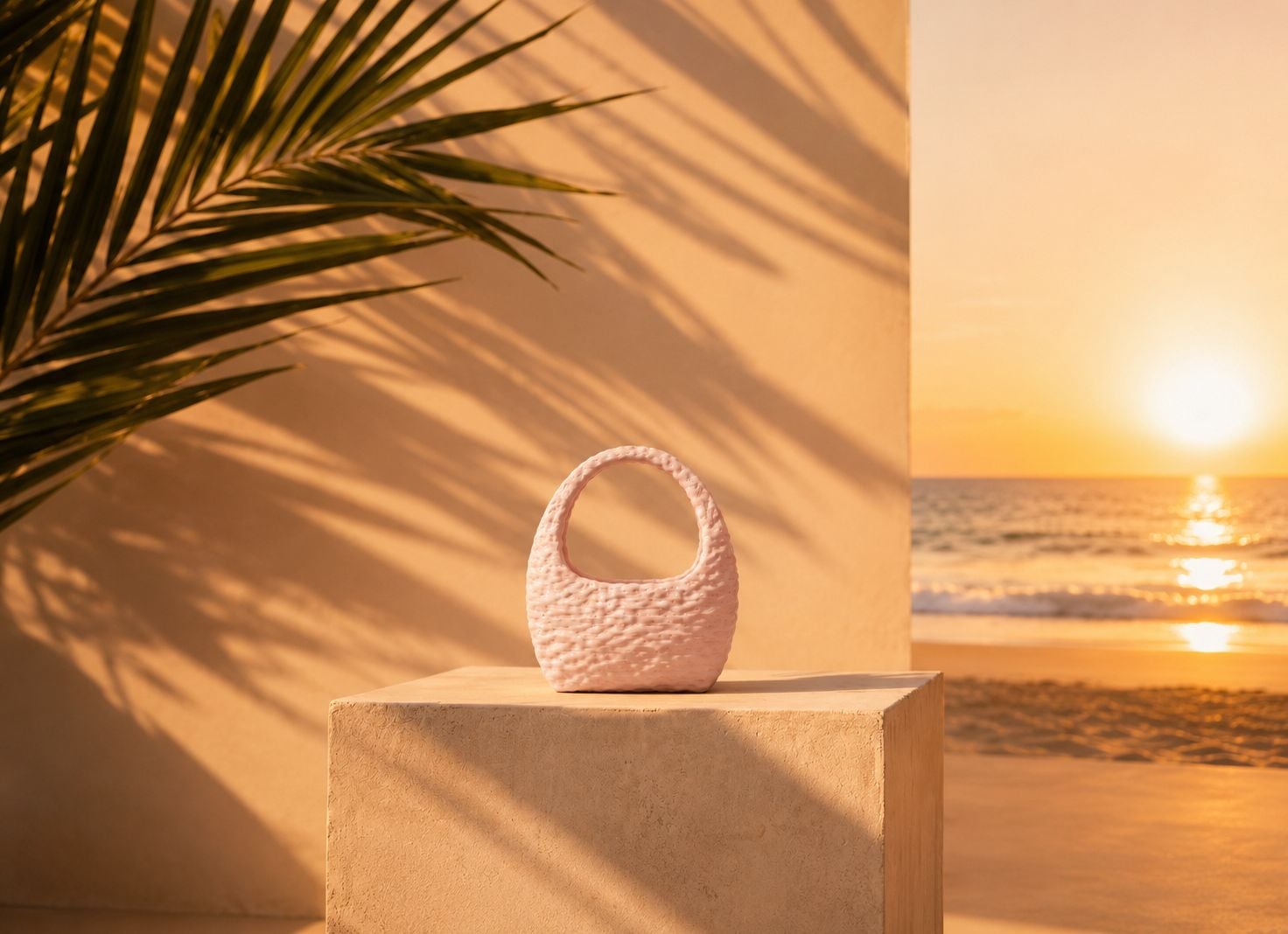 Bolso Menorca de La Marquessa sobre un pedestal frente al mar, al atardecer